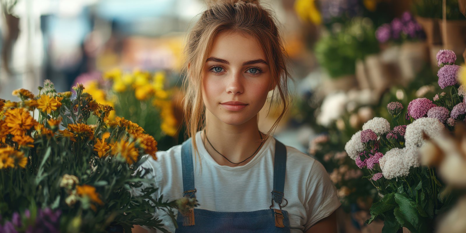 Young woman stands among vibrant flowers at a market on a sunny day in springtime